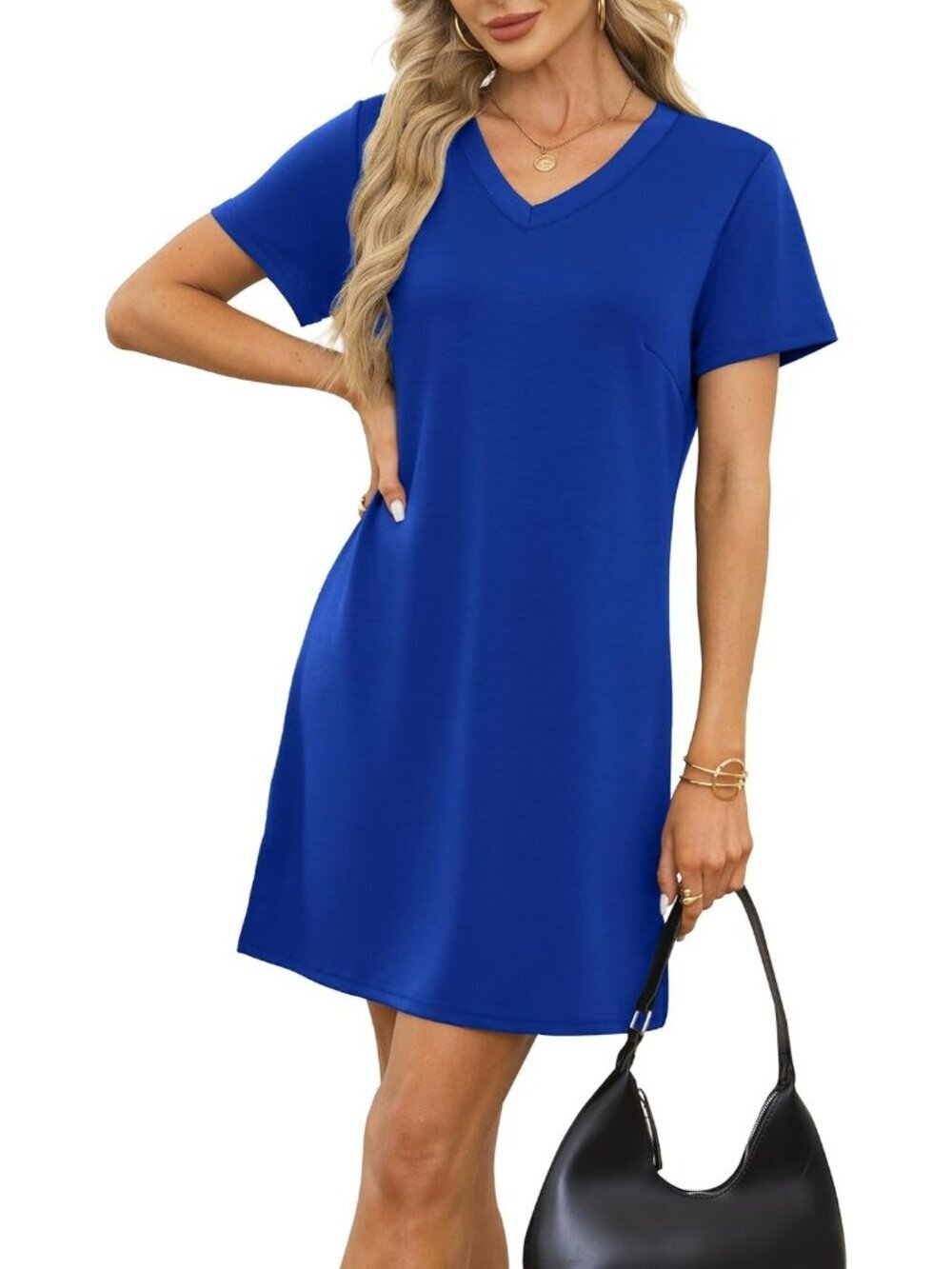 〽️Women's Royal Blue V Neck Casual Summer Sundress Imported Pull On T Shirt